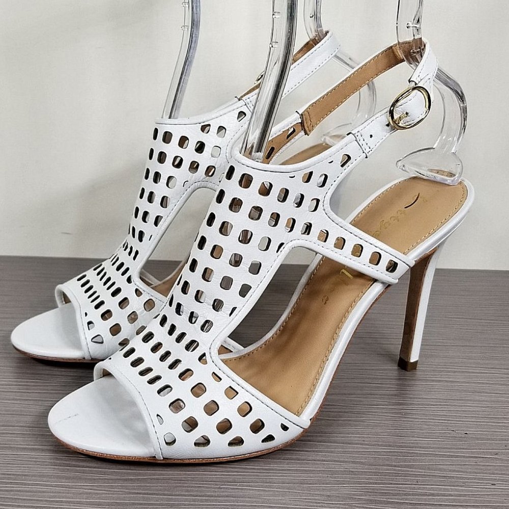 Bettye Muller Divine Laser Cutout Stiletto Sandal, White Leather, Size 7.5 M